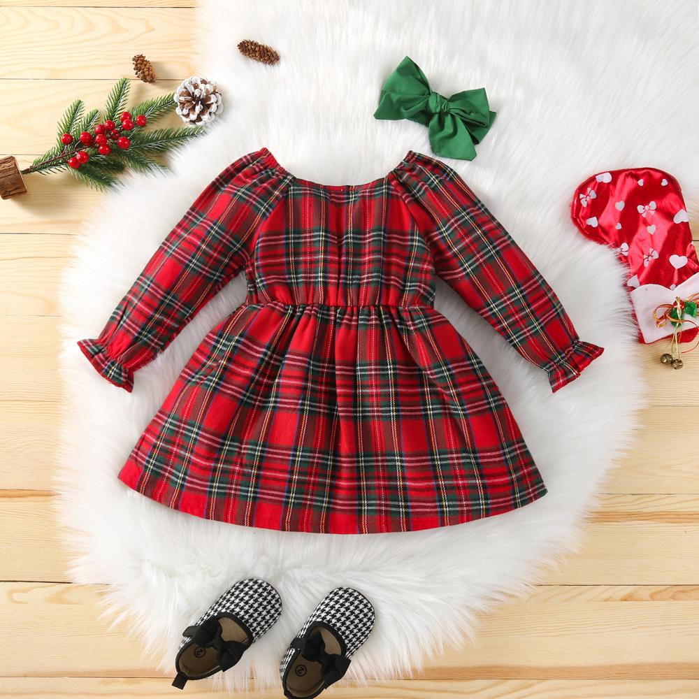 Mommbaby Christmas Girls Autumn and Winter Princess Bow Plaid Dress Kids Clothes